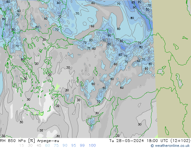 RH 850 hPa Arpege-eu Út 28.05.2024 18 UTC