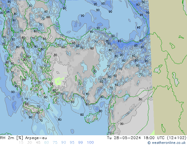 RH 2m Arpege-eu Tu 28.05.2024 18 UTC