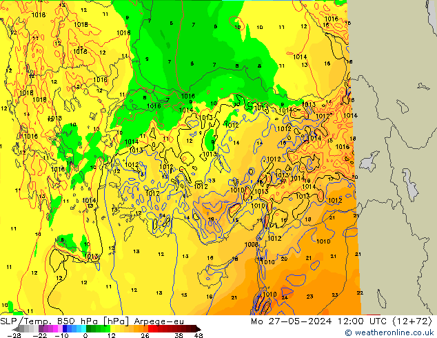 SLP/Temp. 850 hPa Arpege-eu Mo 27.05.2024 12 UTC