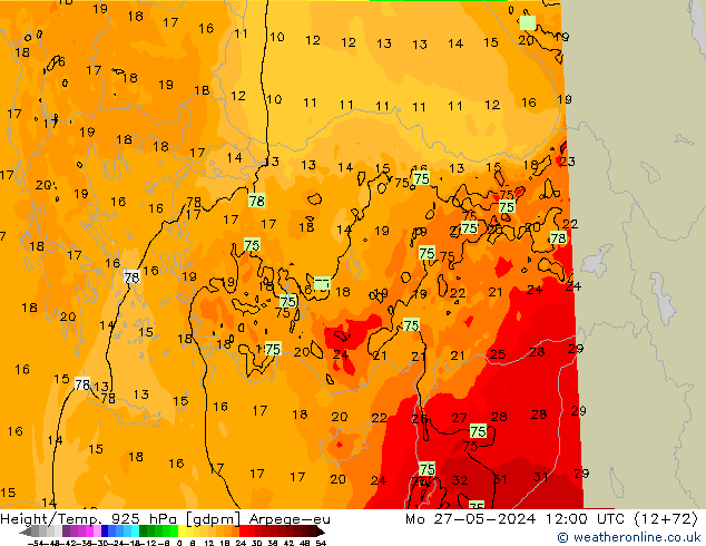 Hoogte/Temp. 925 hPa Arpege-eu ma 27.05.2024 12 UTC