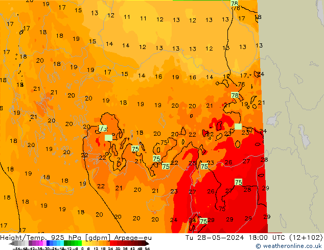 Height/Temp. 925 гПа Arpege-eu вт 28.05.2024 18 UTC