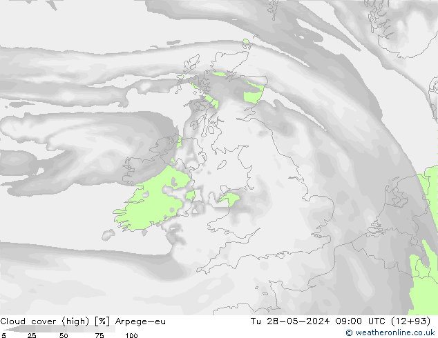 Cloud cover (high) Arpege-eu Tu 28.05.2024 09 UTC