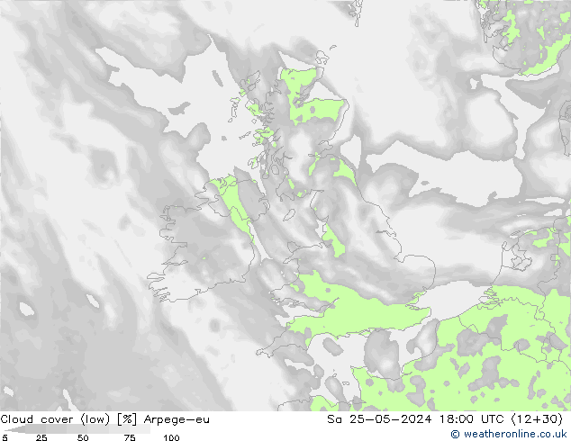 Cloud cover (low) Arpege-eu Sa 25.05.2024 18 UTC