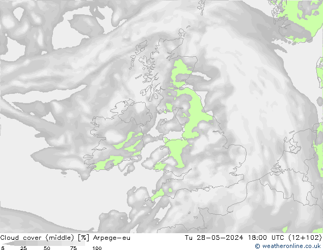 Cloud cover (middle) Arpege-eu Tu 28.05.2024 18 UTC