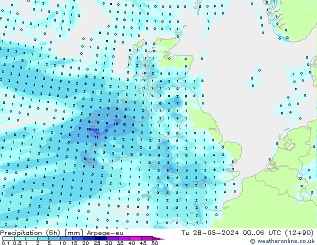 Yağış (6h) Arpege-eu Sa 28.05.2024 06 UTC