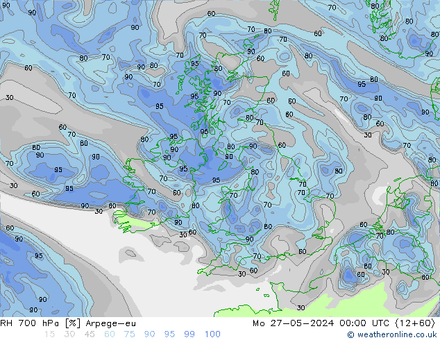 RH 700 hPa Arpege-eu Mo 27.05.2024 00 UTC