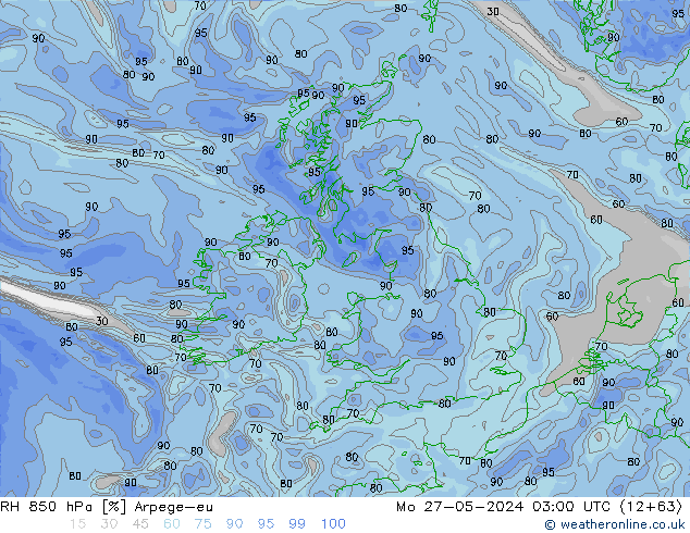 RH 850 hPa Arpege-eu Mo 27.05.2024 03 UTC