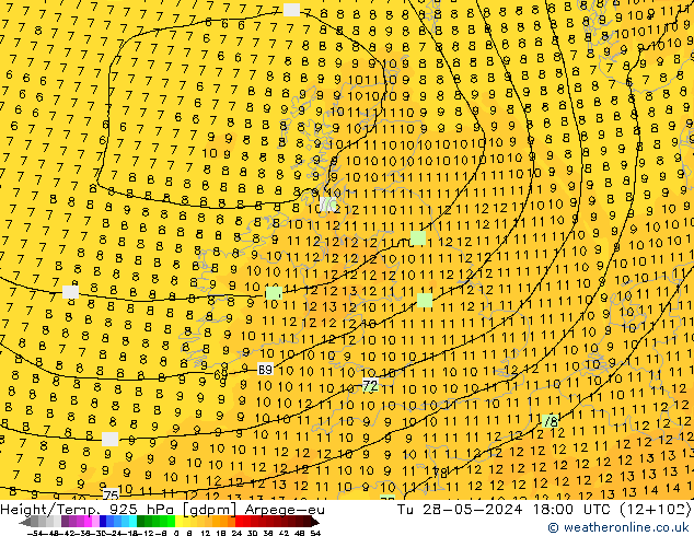 Height/Temp. 925 hPa Arpege-eu Tu 28.05.2024 18 UTC