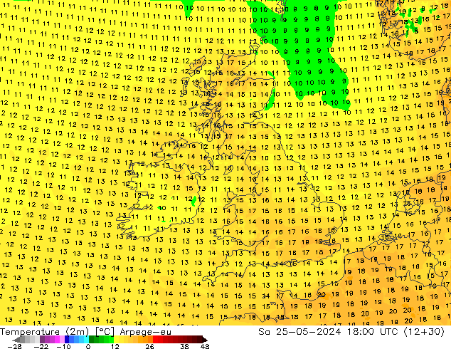 température (2m) Arpege-eu sam 25.05.2024 18 UTC