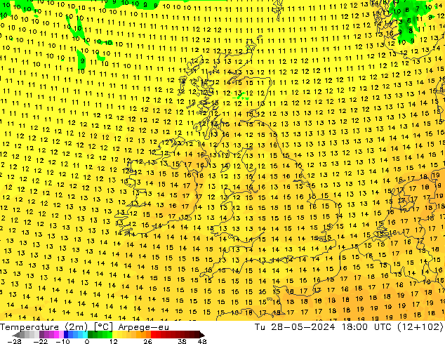 Temperature (2m) Arpege-eu Tu 28.05.2024 18 UTC