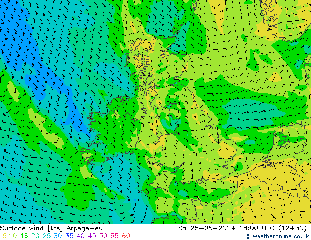 Vento 10 m Arpege-eu Sáb 25.05.2024 18 UTC