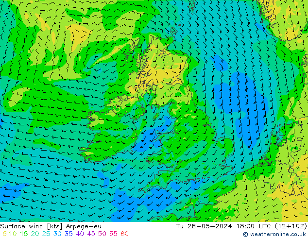 Surface wind Arpege-eu Tu 28.05.2024 18 UTC