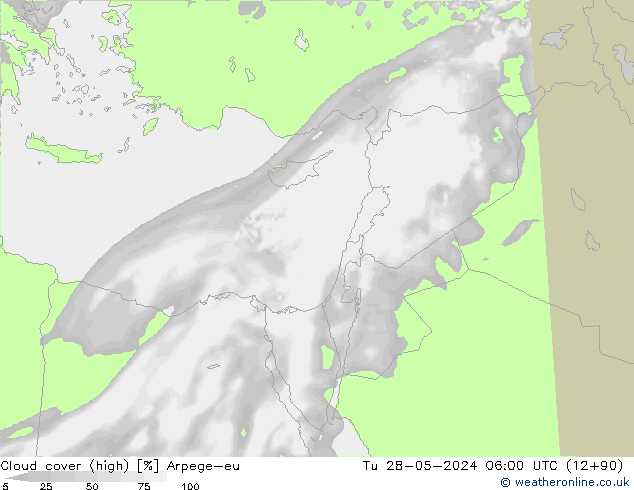 Cloud cover (high) Arpege-eu Tu 28.05.2024 06 UTC