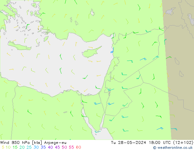 Wind 850 hPa Arpege-eu Tu 28.05.2024 18 UTC