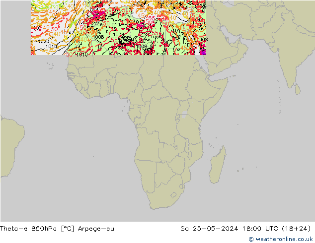 Theta-e 850hPa Arpege-eu za 25.05.2024 18 UTC