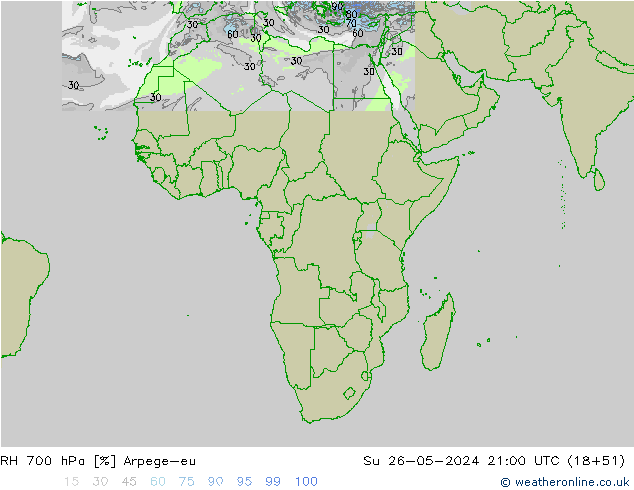 Humidité rel. 700 hPa Arpege-eu dim 26.05.2024 21 UTC