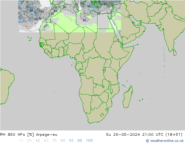 Humidité rel. 850 hPa Arpege-eu dim 26.05.2024 21 UTC