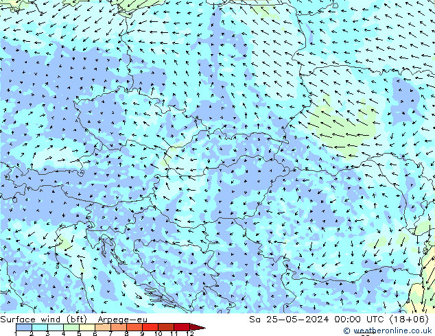 Wind 10 m (bft) Arpege-eu za 25.05.2024 00 UTC