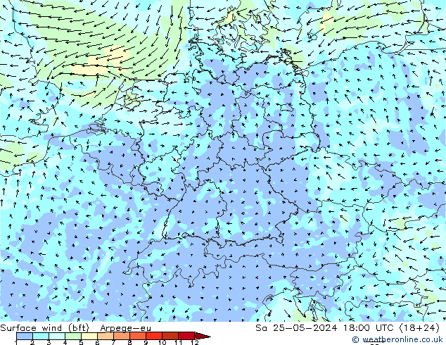 Surface wind (bft) Arpege-eu Sa 25.05.2024 18 UTC