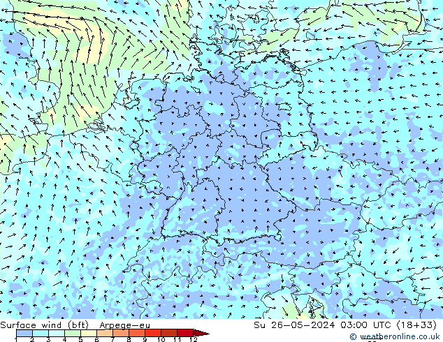 Viento 10 m (bft) Arpege-eu dom 26.05.2024 03 UTC