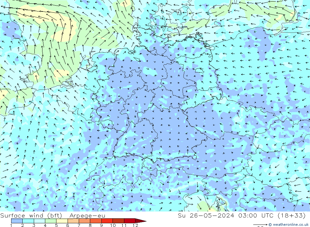 Wind 10 m (bft) Arpege-eu zo 26.05.2024 03 UTC