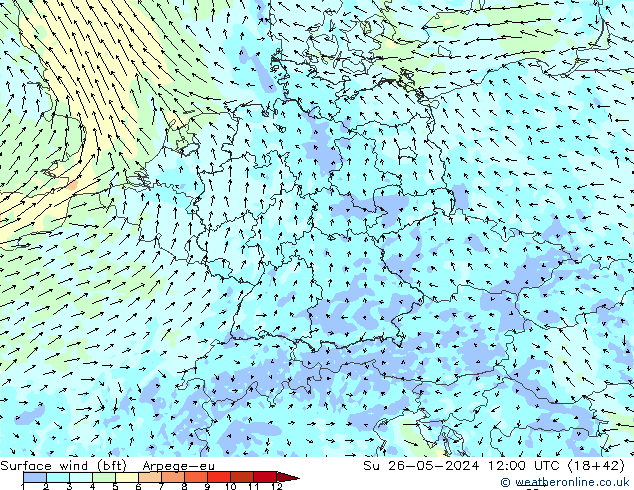 Bodenwind (bft) Arpege-eu So 26.05.2024 12 UTC