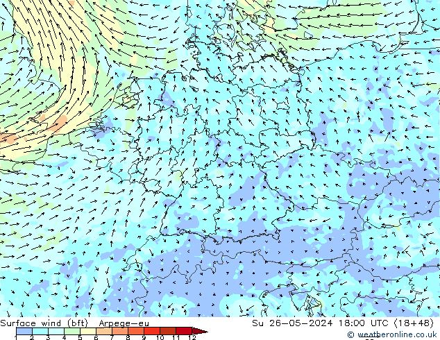 Vent 10 m (bft) Arpege-eu dim 26.05.2024 18 UTC