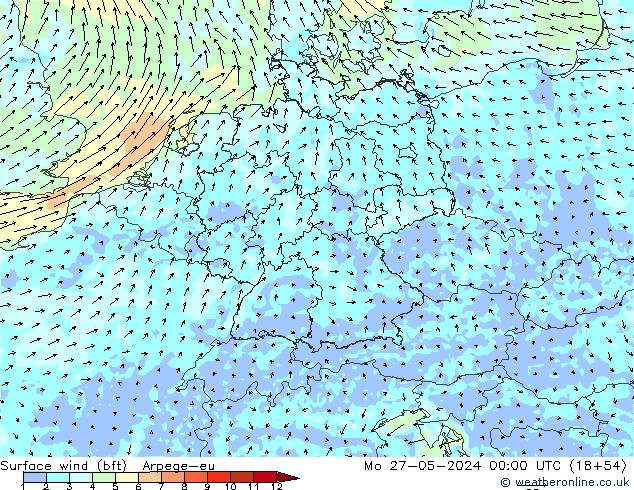 Surface wind (bft) Arpege-eu Mo 27.05.2024 00 UTC