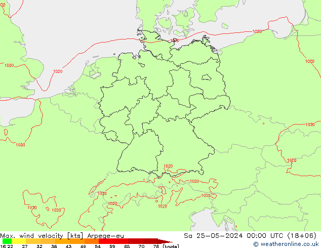 Max. wind velocity Arpege-eu сб 25.05.2024 00 UTC