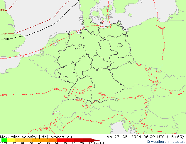 Max. wind velocity Arpege-eu Mo 27.05.2024 06 UTC