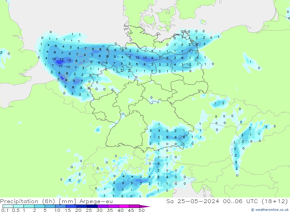 Precipitação (6h) Arpege-eu Sáb 25.05.2024 06 UTC