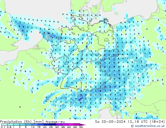 Precipitation (6h) Arpege-eu Sa 25.05.2024 18 UTC