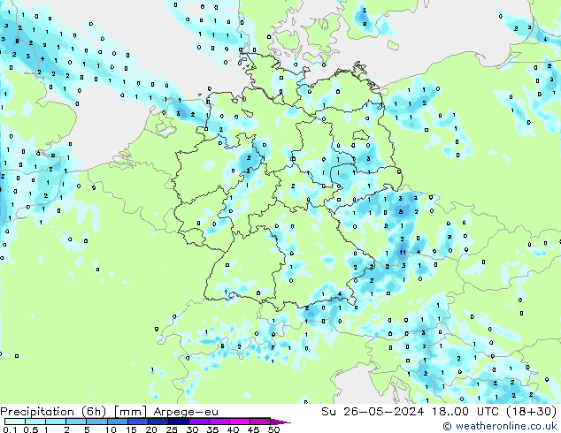 Precipitazione (6h) Arpege-eu dom 26.05.2024 00 UTC