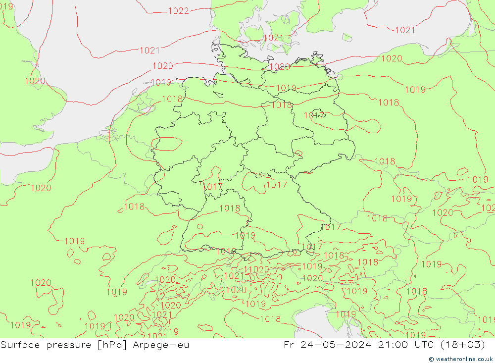 Atmosférický tlak Arpege-eu Pá 24.05.2024 21 UTC