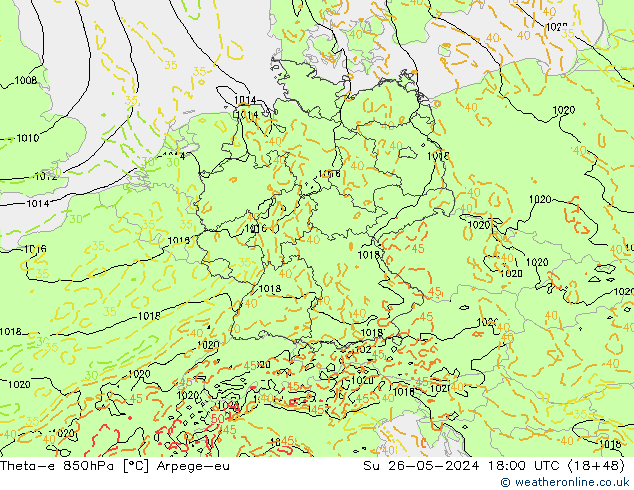 Theta-e 850hPa Arpege-eu Paz 26.05.2024 18 UTC