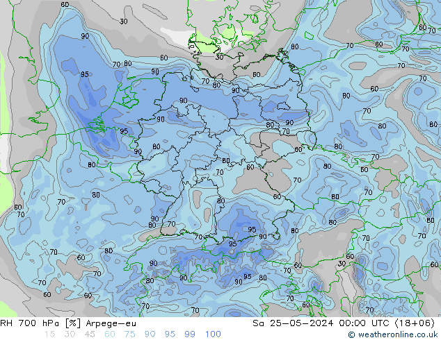 RH 700 гПа Arpege-eu сб 25.05.2024 00 UTC