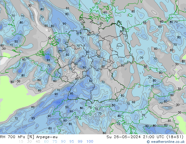 Humidité rel. 700 hPa Arpege-eu dim 26.05.2024 21 UTC