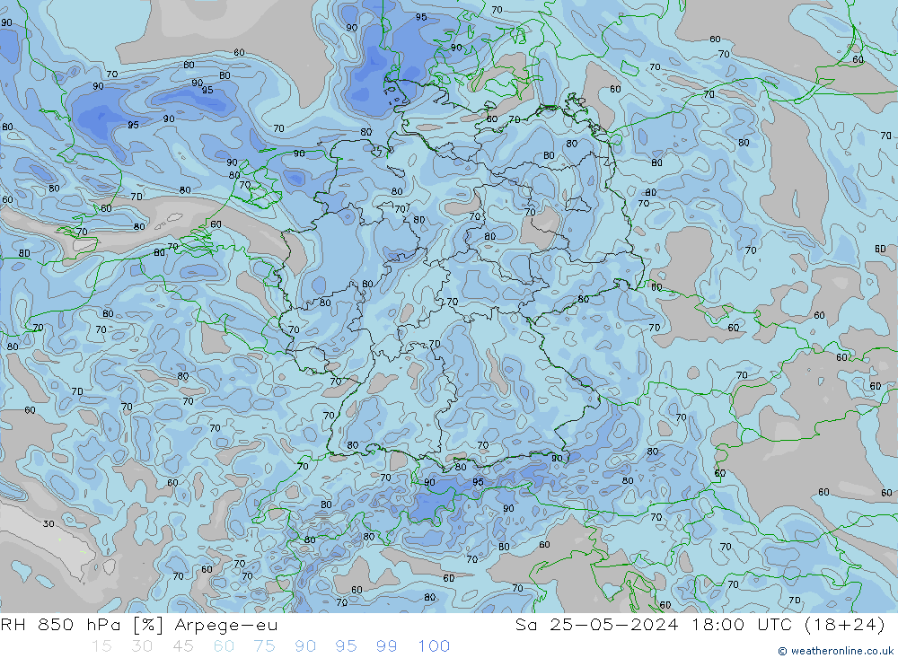 Humidité rel. 850 hPa Arpege-eu sam 25.05.2024 18 UTC