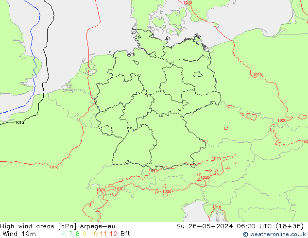 High wind areas Arpege-eu Ne 26.05.2024 06 UTC