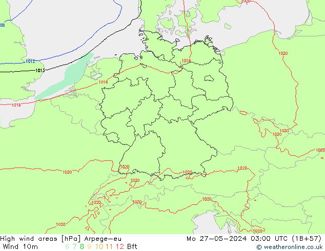 High wind areas Arpege-eu Mo 27.05.2024 03 UTC