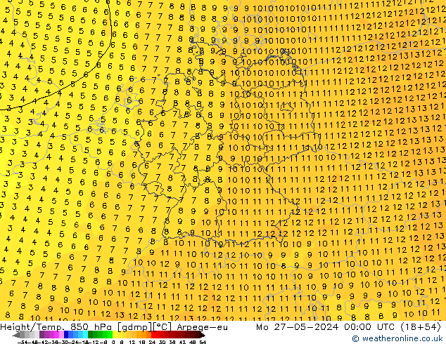 Height/Temp. 850 hPa Arpege-eu Mo 27.05.2024 00 UTC