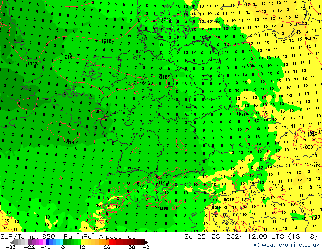 SLP/Temp. 850 hPa Arpege-eu So 25.05.2024 12 UTC