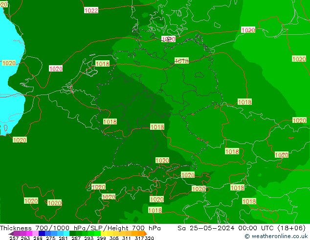 Thck 700-1000 hPa Arpege-eu  25.05.2024 00 UTC