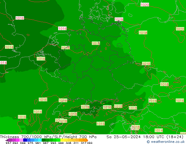 Thck 700-1000 hPa Arpege-eu Sa 25.05.2024 18 UTC