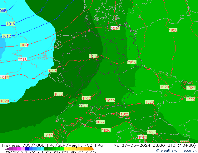 Thck 700-1000 hPa Arpege-eu Mo 27.05.2024 06 UTC