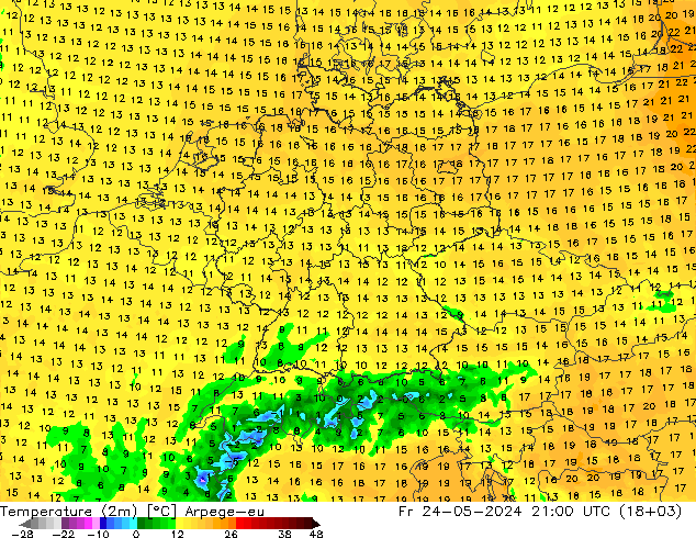 Temperatura (2m) Arpege-eu ven 24.05.2024 21 UTC