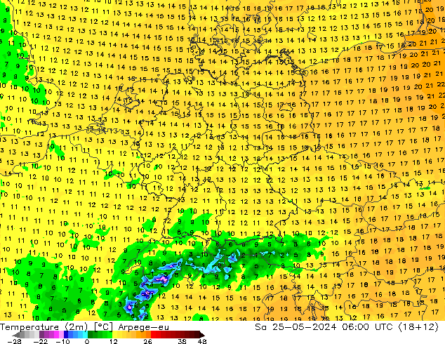温度图 Arpege-eu 星期六 25.05.2024 06 UTC