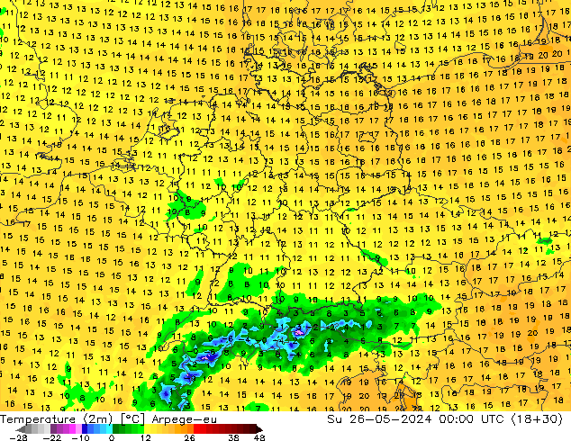 Temperature (2m) Arpege-eu Su 26.05.2024 00 UTC