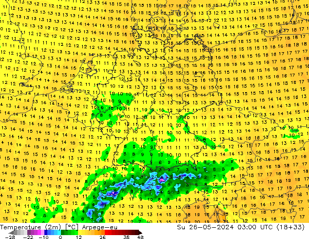 Temperatuurkaart (2m) Arpege-eu zo 26.05.2024 03 UTC