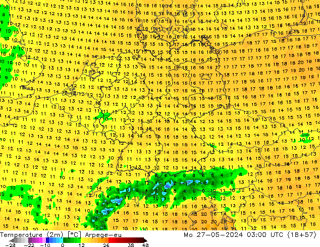 Temperature (2m) Arpege-eu Mo 27.05.2024 03 UTC